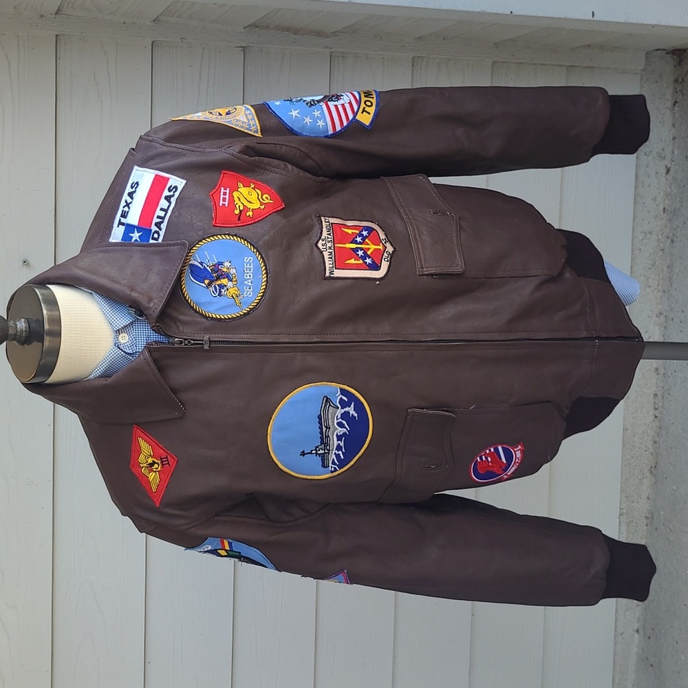 TOP GUN Style Flight BOMBER Brown Leather XL Military Patches Full Zip‎ Jacket